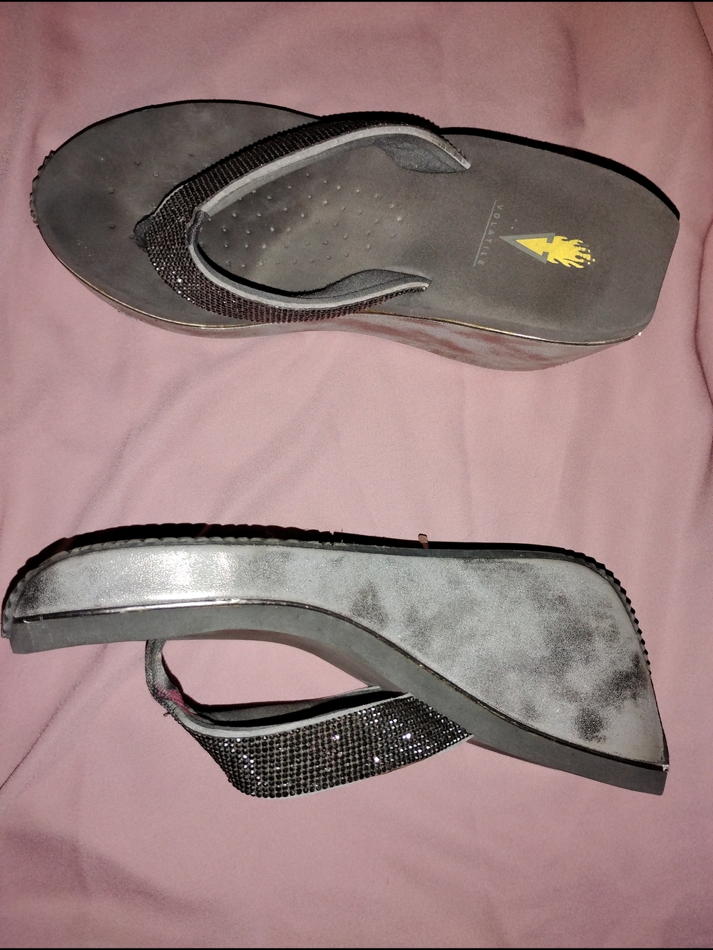 Volatile Silver Wedge Flip Flops with Sparkle Straps